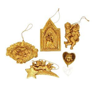Set of 5 Vintage Gold Christmas Ornaments Cherubs, Angels, Mary & Jesus